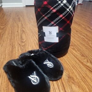 Victoria's Secret Black and Red Plaid Blanket with Slippers
